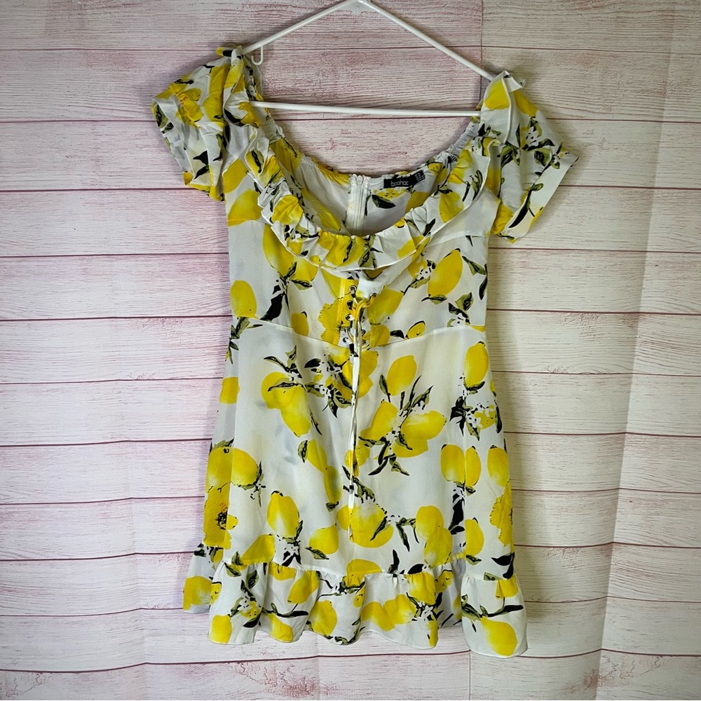 Boohoo Lemon Print On or Off Shoulder Mini Dress Size 12